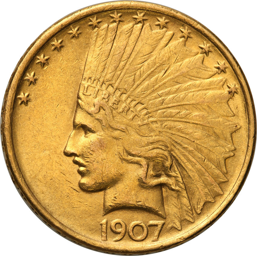 USA 10 dolarów Indianin 1907 NO MOTTO pierwszy rocznik bicia st.1-/2+